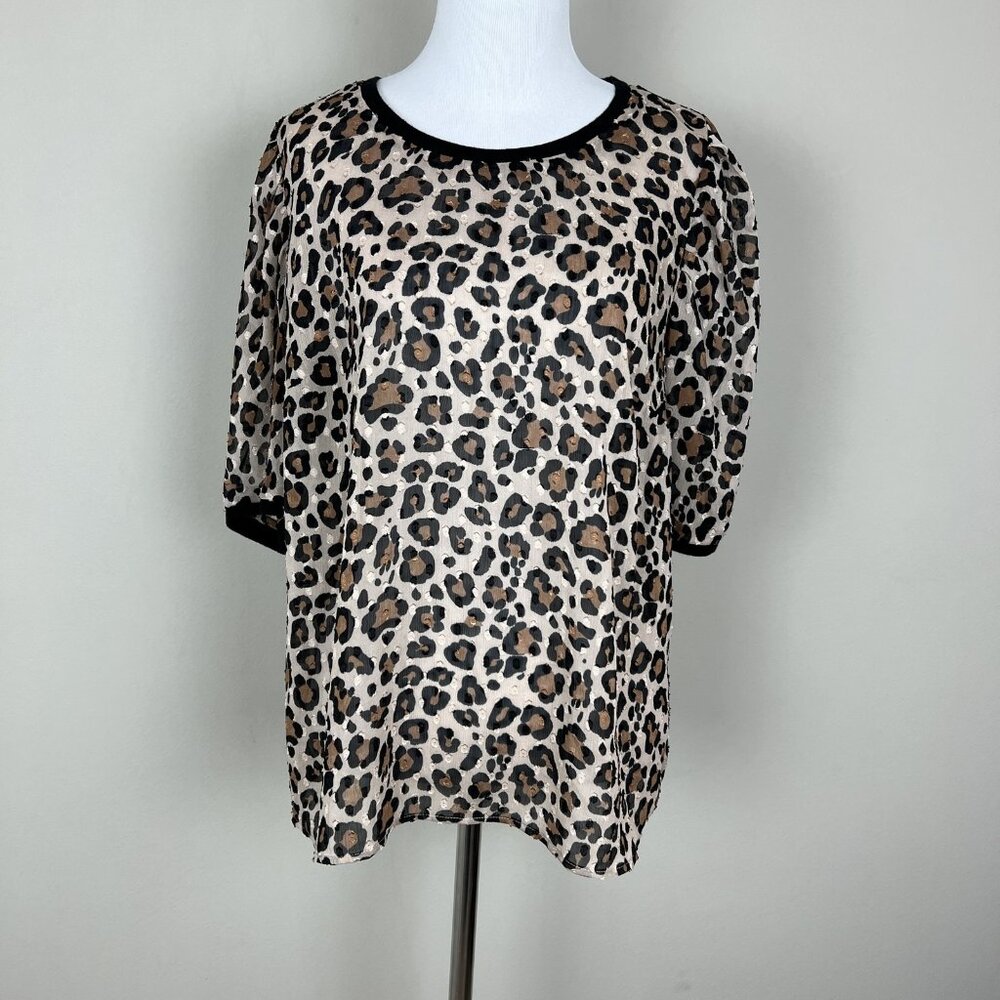 A New Day Top Womens Large Leopard Animal Print Short Sleeve Sheer Blouse L